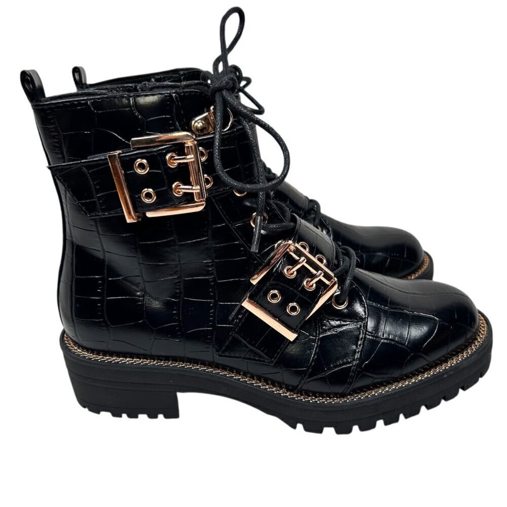 ASOS Design Aubrey Hiker Lace Up Croc Embossed Boots Buckle Vegan Leather